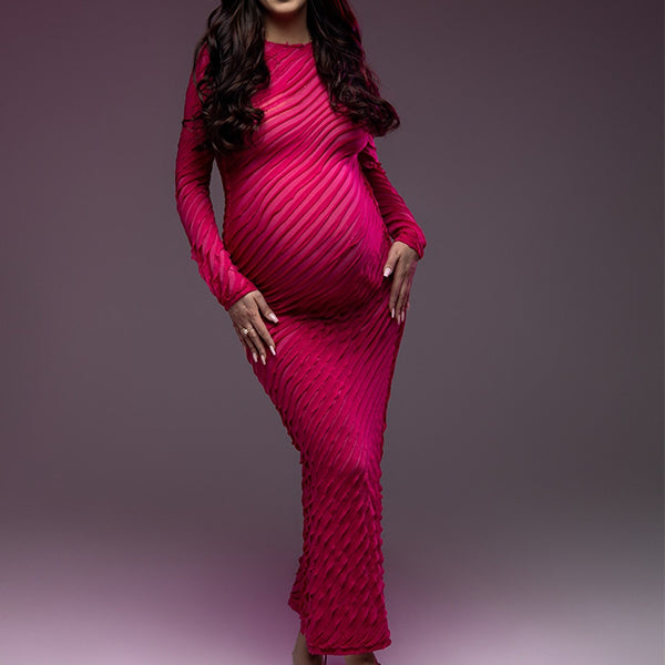 Momsmood Ruffle Pleated Bodycon Photoshoot Maternity Maxi Dress