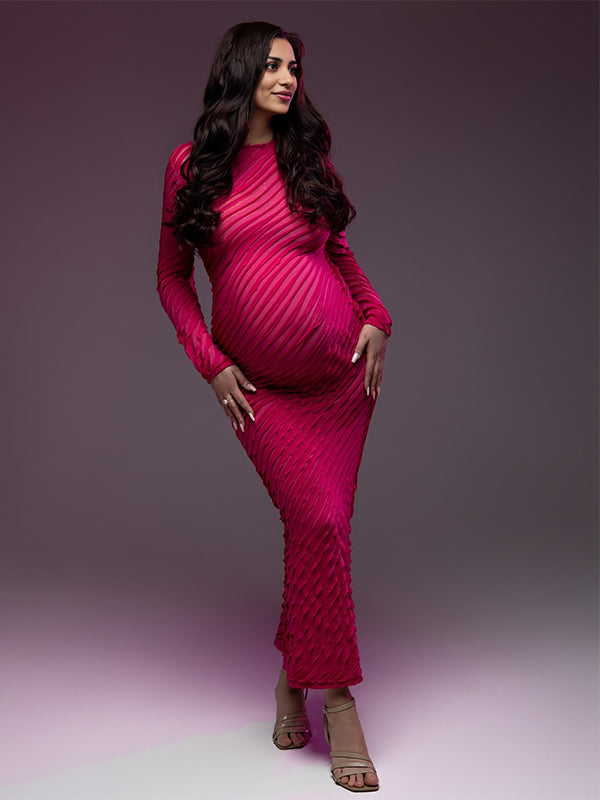 Momsmood Ruffle Pleated Bodycon Photoshoot Maternity Maxi Dress