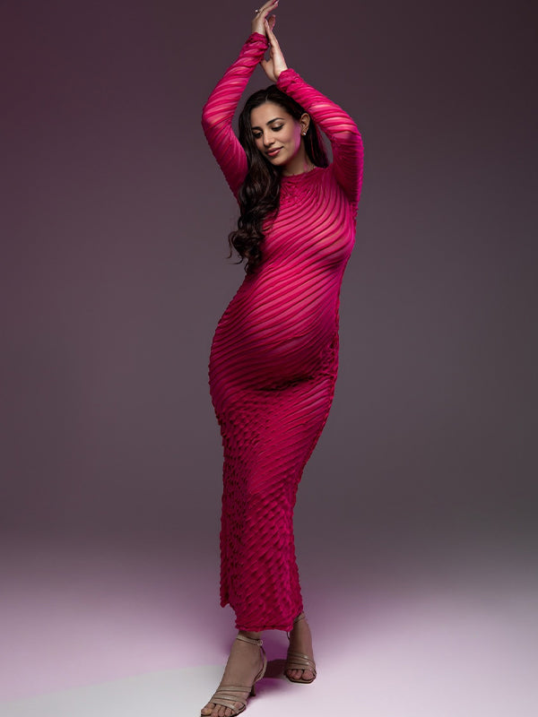 Momsmood Ruffle Pleated Bodycon Photoshoot Maternity Maxi Dress