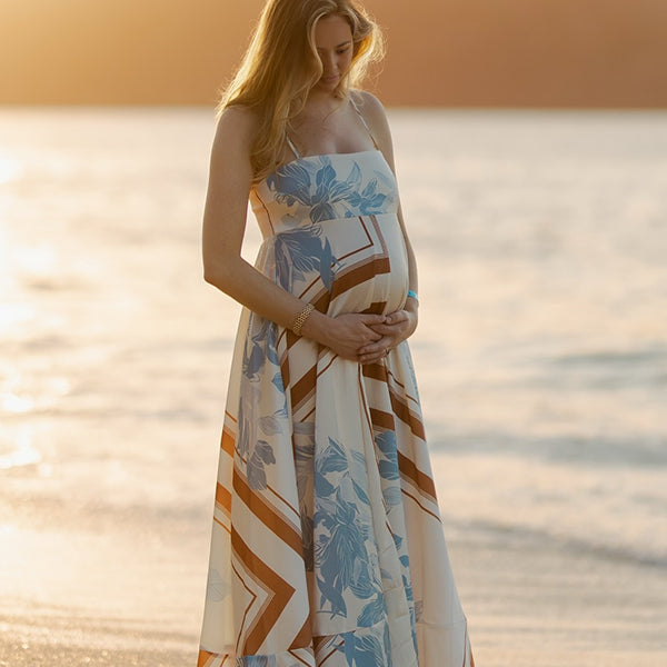 White Print High Waist Flowy Photoshoot Maternity Maxi Dress