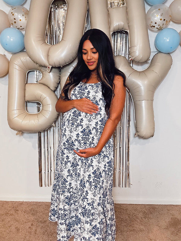 Blue Floral Flowy Baby Shower Maternity Maxi Dress
