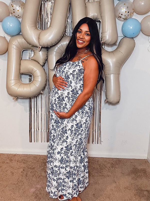 Blue Floral Flowy Baby Shower Maternity Maxi Dress