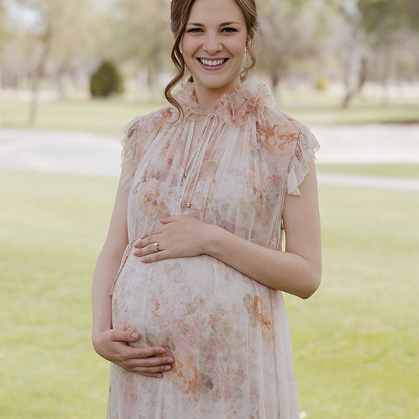Apricot Floral Ruffle 3D Flowers Tie Flowy Photoshoot Maternity Maxi Dress