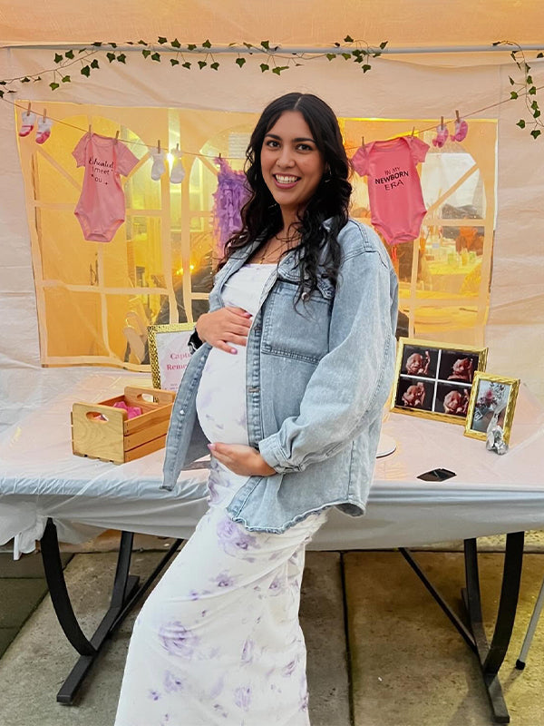 Purple Floral Ruched Baby Shower Maternity Maxi Dress