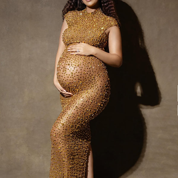 Golden Diamond Rhinestone Mesh Sheer Back Slit Photoshoot Maternity Maxi Dress