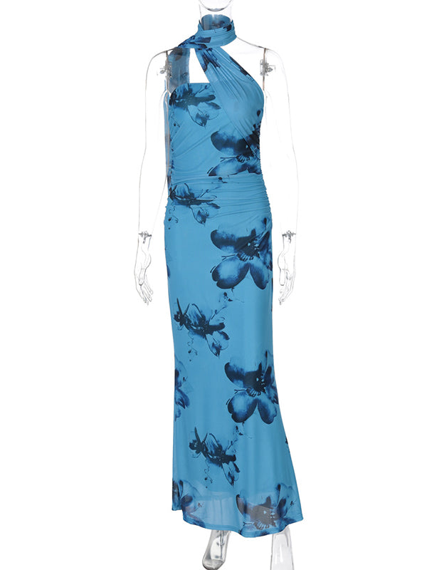 Blue Wrap Floral Ruched Baby Shower Maternity Maxi Dress