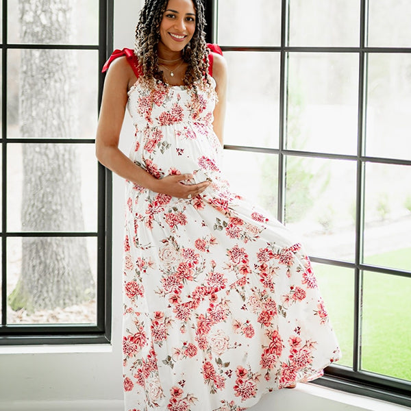 Red Floral Smocked Ruffle Bow Flowy Photoshoot Maternity Maxi Dress