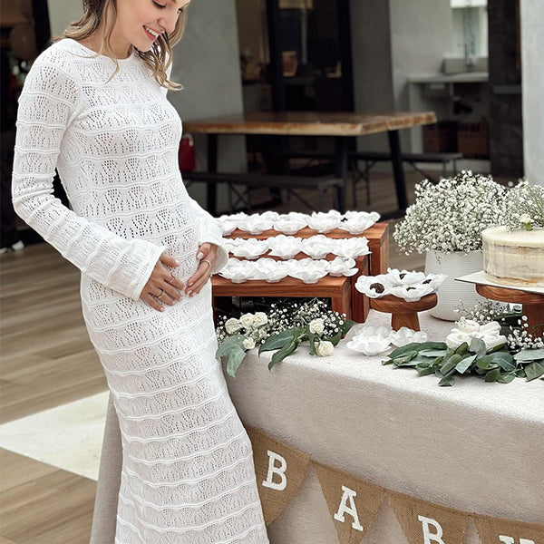 White Cut Out Knit Backless Baby Shower Maternity Maxi Dress