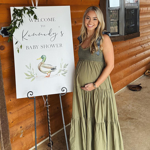 Matcha Smocked Ruffle Tie Flowy Baby Shower Maternity Maxi Dress