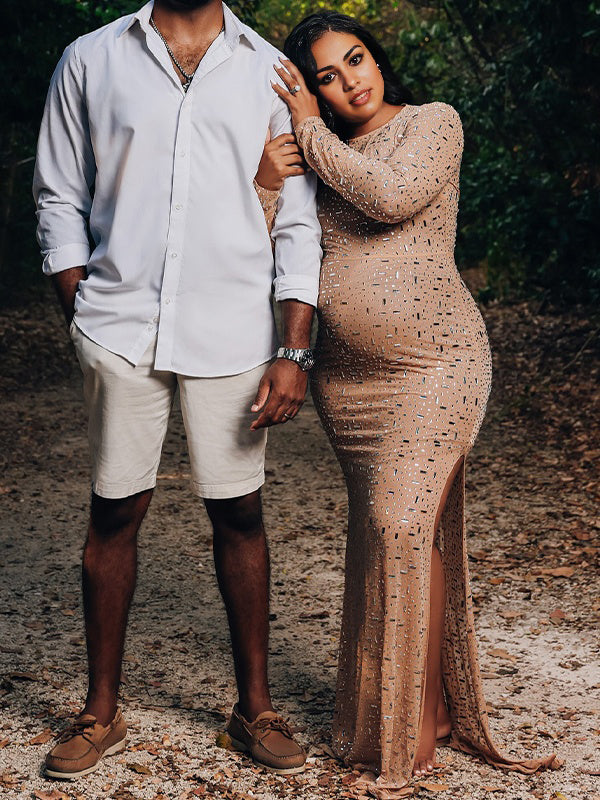 Naked Diamond Rinestone Side Slit Photoshoot Maternity Maxi Dress