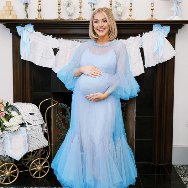 Blue Tutu Sheer Gender Reveal Baby Shower Maternity Maxi Dress