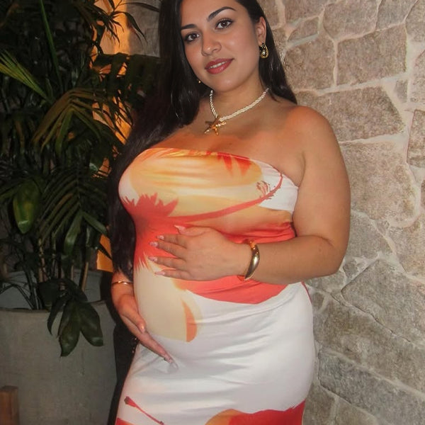 Momsmood White And Orange Sleeveless Bandeau Flowers Bodycon Elegant Maternity Baby Shower Party Midi Dress
