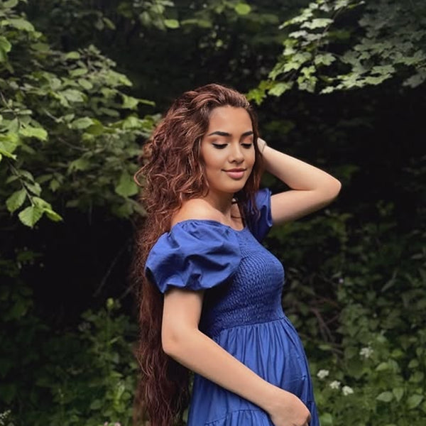 Momsmood Navy Blue Ruffle Square Neck Puff Sleeve Flowy Elegant Maternity Baby Shower Midi Dress