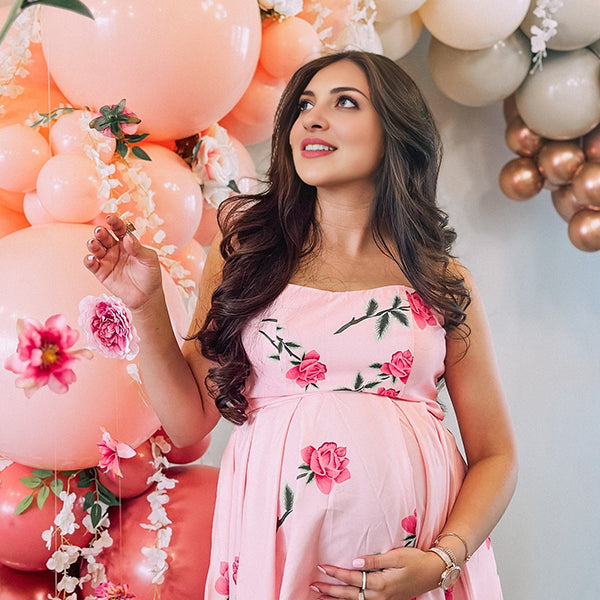Momsmood Pink Bandeau Print Flowers Ruffle Elegant Maternity Photoshoot Baby Shower Midi Dress