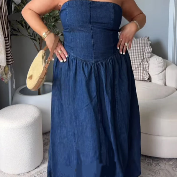 Momsmood Bandeau Denim Photoshoot Maternity Midi Dresses