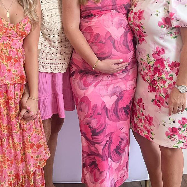 Momsmood Red Stamp Duty Side Slit Bodycon Vacation Beach Baby Shower Maternity Photoshoot Midi Dress