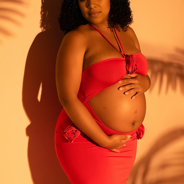 Momsmood Red Halter Neck 3D Flower Open Back Banquet Party Baby Shower Maternity Photoshoot Midi Dress