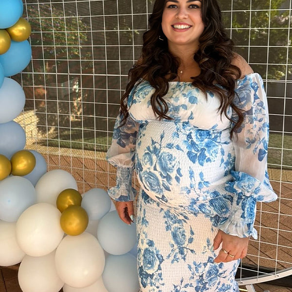 Off Shoulder Smoked Strap Stamp Maternity Baby Shower Midi Dress