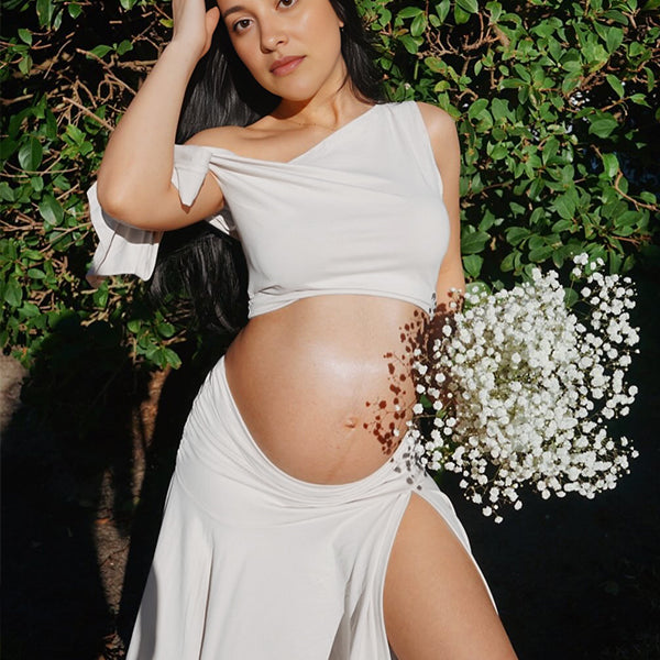 Momsmood White Off Shoulder Ruched Two Piece Set Asymmetrical Neck Crop Top and Side Slit Ruffle Midi Skirt Elegant Maternity Photoshoot Midi Dress