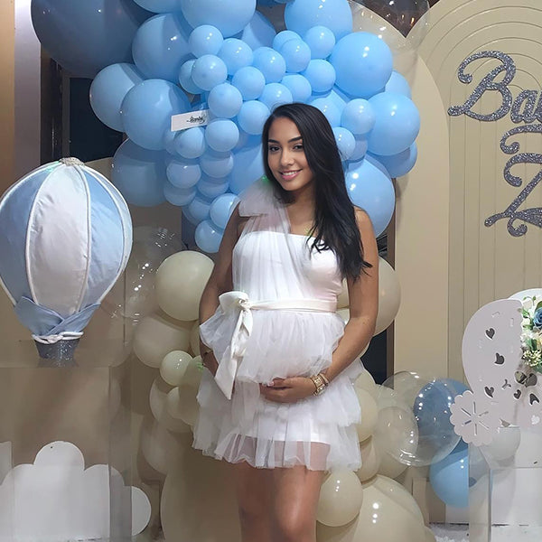 Momsmood White One Shoulder Tulle Bow Ruffle Falbala Belt Tiered A-line Sweet Maternity Baby Shower Mini Dress