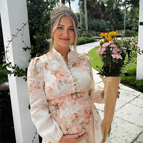 Momsmood Floral Single Breasted Belt A-line Lantern Sleeve Sweet Maternity Baby Shower Mini Dress