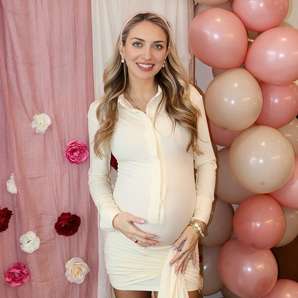 Momsmood Single Breasted Ruched Ruffle Falbala Draped Bodycon Shirt Dress Elegant Maternity Baby Shower Mini Dress