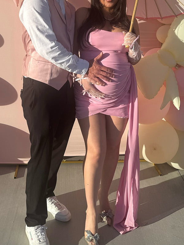 Momsmood Pink Mesh Irregular Ruched Falbala Draped Bodycon Elegant Maternity Baby Shower Mini Dress