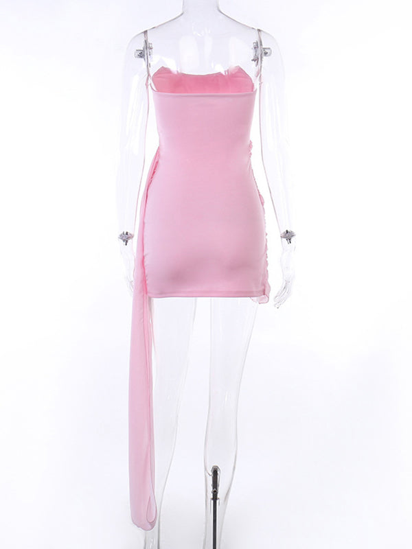 Momsmood Pink Mesh Irregular Ruched Falbala Draped Bodycon Elegant Maternity Baby Shower Mini Dress