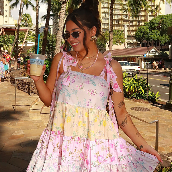 Momsmood Floral Patchwork A-line Tie Shoulder Strap Elegant Maternity Baby Shower Mini Dress