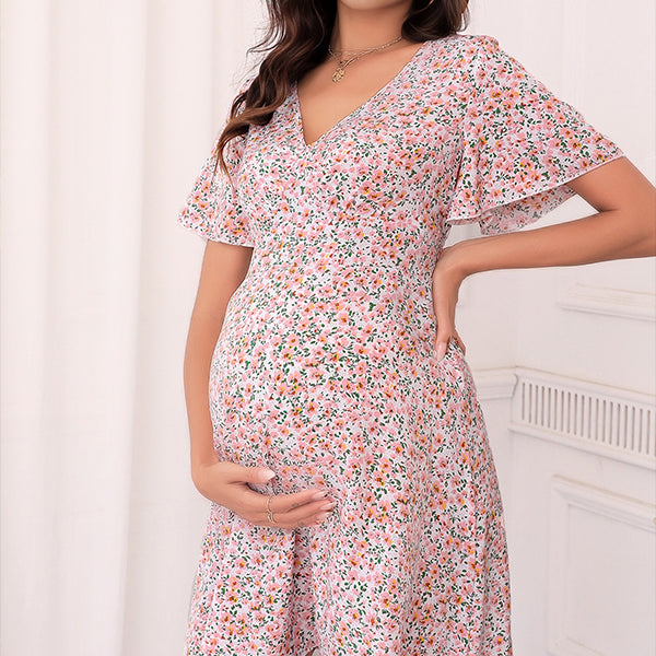 Momsmood Pink Flowers V-neck Short Sleeve Flowy Elegant Party Maternity Baby Shower Mini Dress