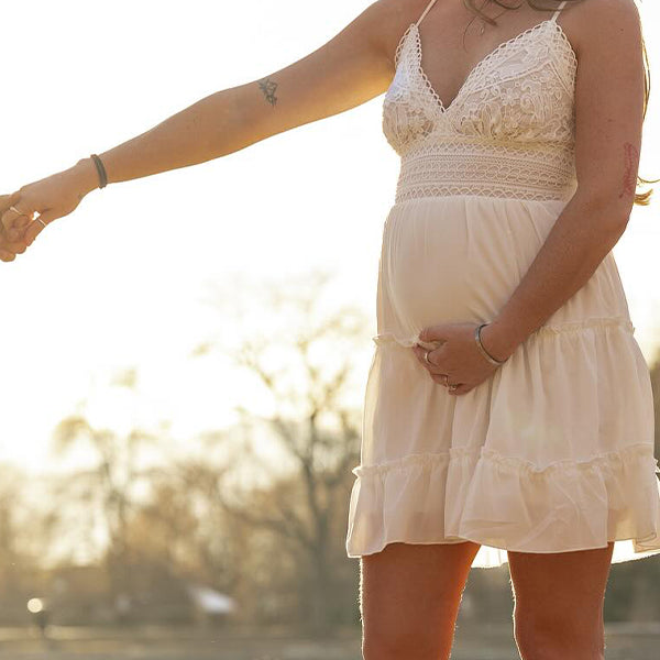 Momsmood White Spaghetti Straps Plunging Neckline Lace Ruffle Backless Flowy Elegant Maternity Photoshoot Mini Dress