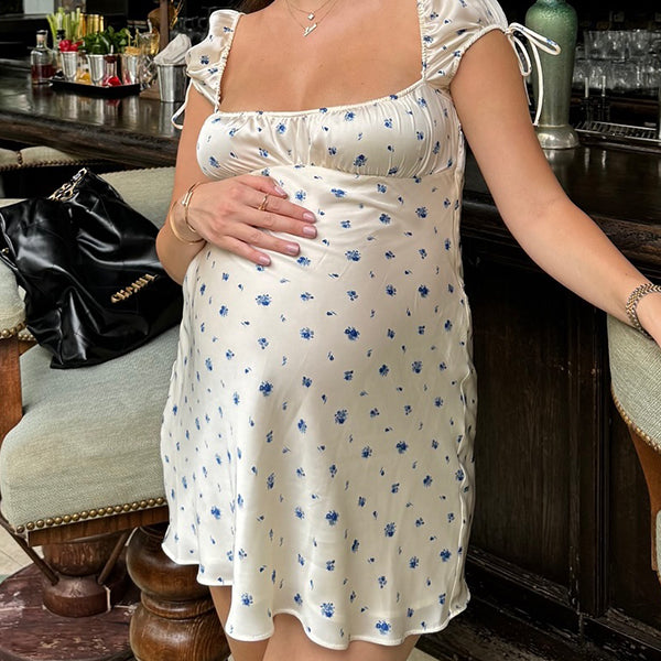 Momsmood Flowers Drawstring A-Line Photoshoot Maternity Mini Dresses