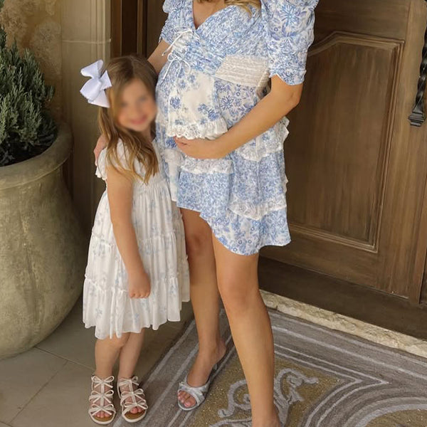 Momsmood Puff Sleeve V-neck Flowers Tiered Lace Sweet Maternity Baby Shower Mini Dress