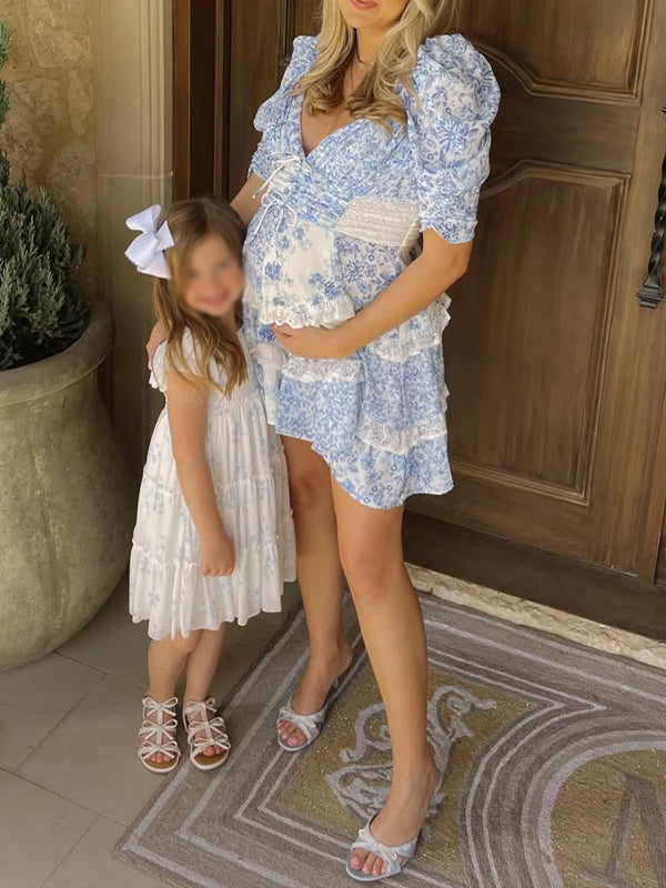 Momsmood Puff Sleeve V-neck Flowers Tiered Lace Sweet Maternity Baby Shower Mini Dress
