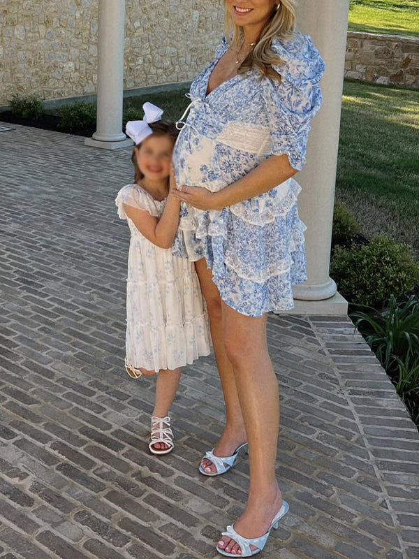 Momsmood Puff Sleeve V-neck Flowers Tiered Lace Sweet Maternity Baby Shower Mini Dress