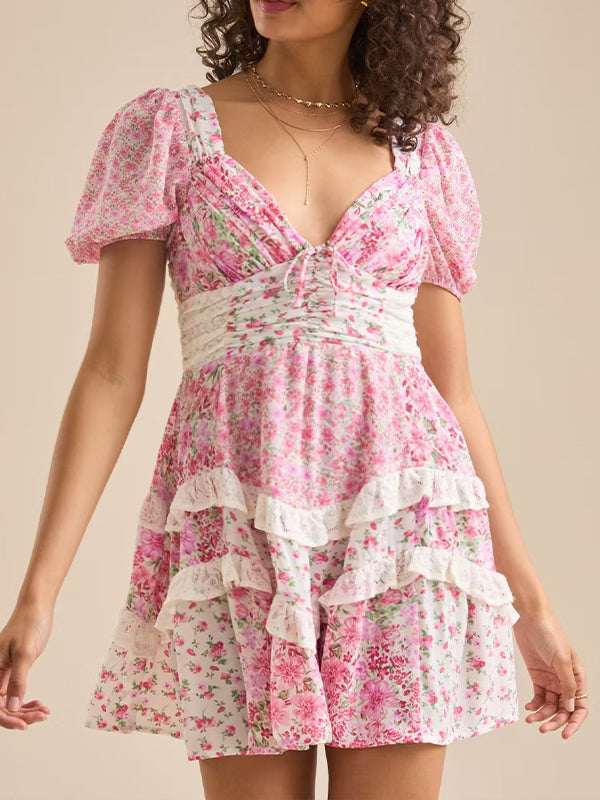 Momsmood Puff Sleeve V-neck Flowers Tiered Lace Sweet Maternity Baby Shower Mini Dress