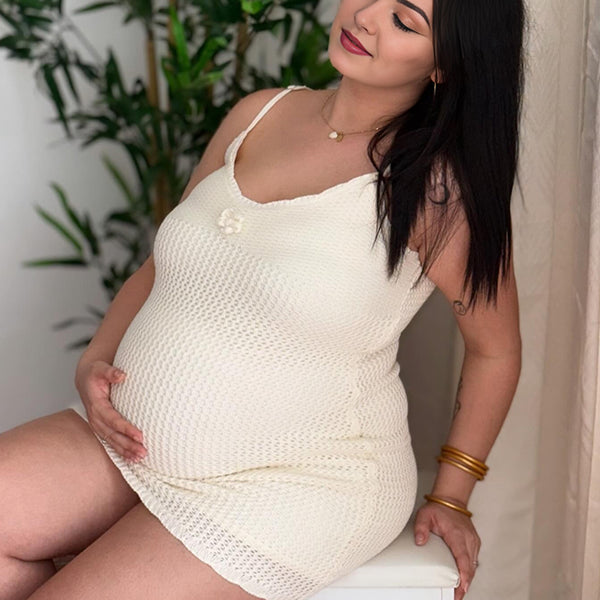Beige Cover-Up Bikini Smock Crochet Lace Maternity Mini Dresses