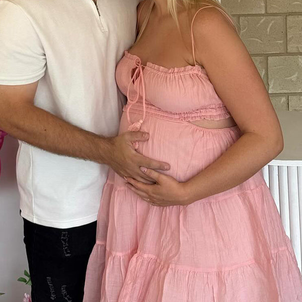 Momsmood Pink Spaghetti Strap lace-up Open Back Daily Going out Baby Shower Maternity Photoshoot Mini Dress