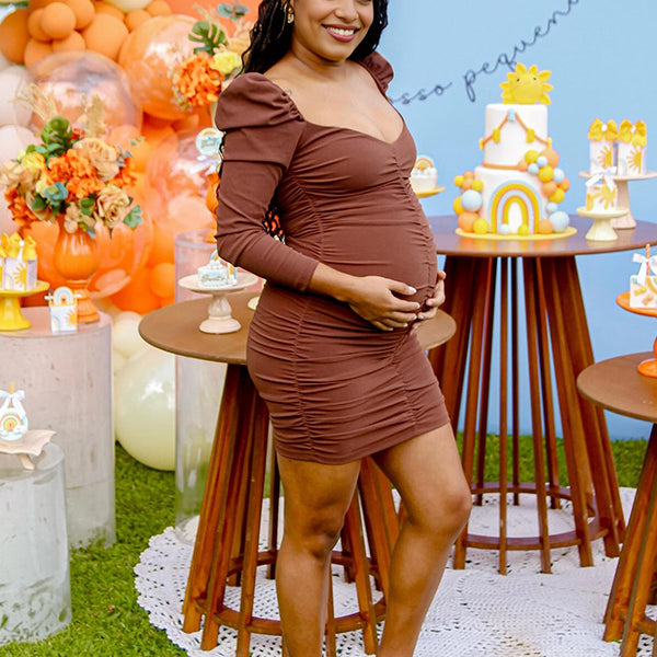 Coffee V Neck Smoked Bodycon Maternity Baby Shower Mini Dress
