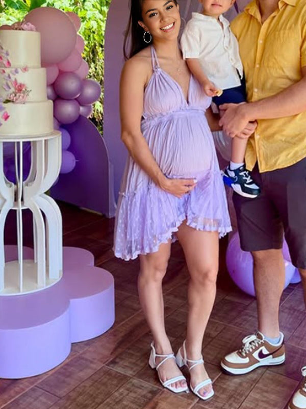 Purple V Neck Ruched Grenadine Maternity Baby Shower Mini Dress