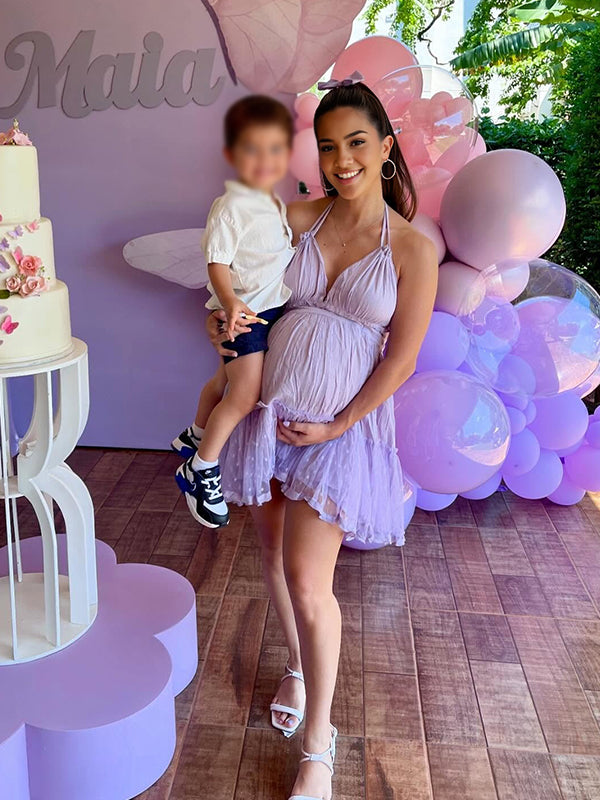Purple V Neck Ruched Grenadine Maternity Baby Shower Mini Dress