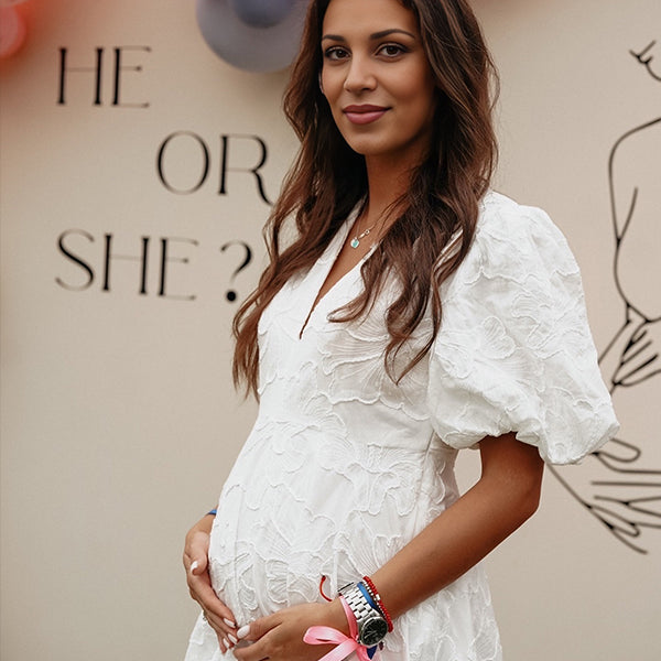 Momsmood White Embroidery V-neck Puff Sleeve A-line Fluffy Sweet Maternity Baby Shower Mini Dress