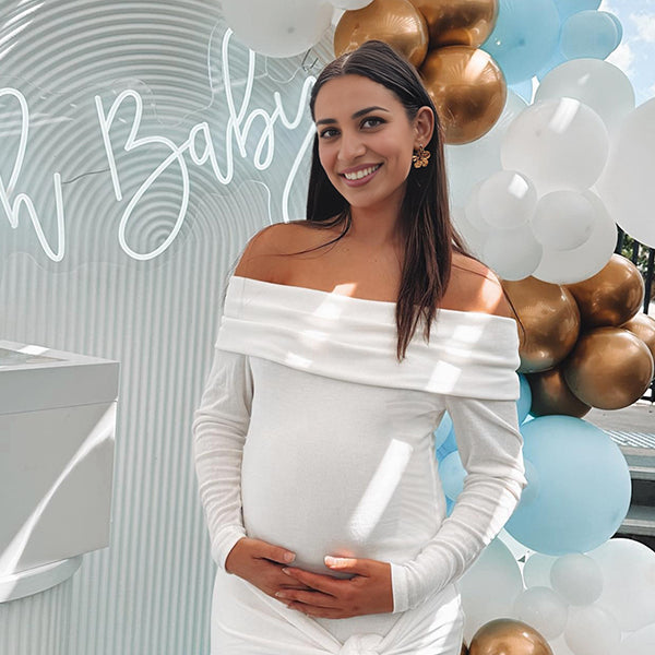 Momsmood Off Shoulder Ruched Knot Draped Bodycon Elegant Maternity Baby Shower Mini Dress