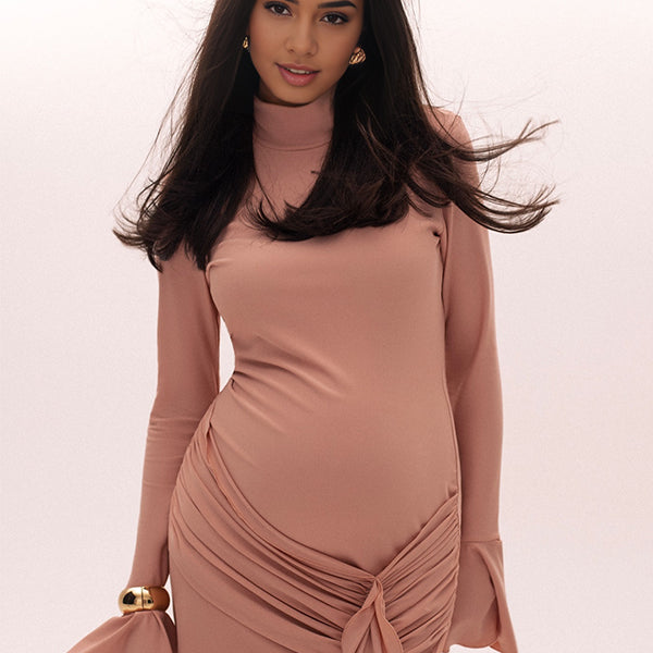 Momsmood Ruched Draped Band Neck Flare Sleeve Photoshoot Baby Shower Maternity Mini Dress