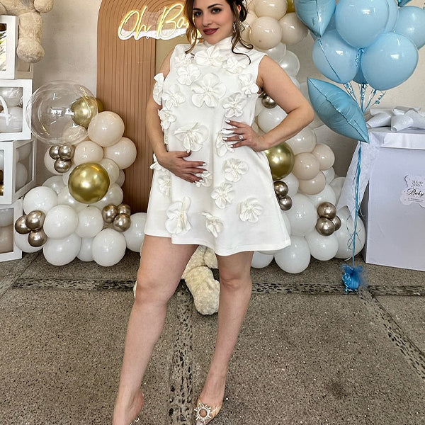 Momsmood 3D Flowers Band Neck Gender Reveal Baby Shower Maternity Mini Dress