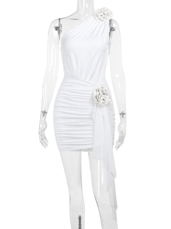 Momsmood One Shoulder 3D Flowers Draped Ruched Baby Shower Maternity Mini Dress