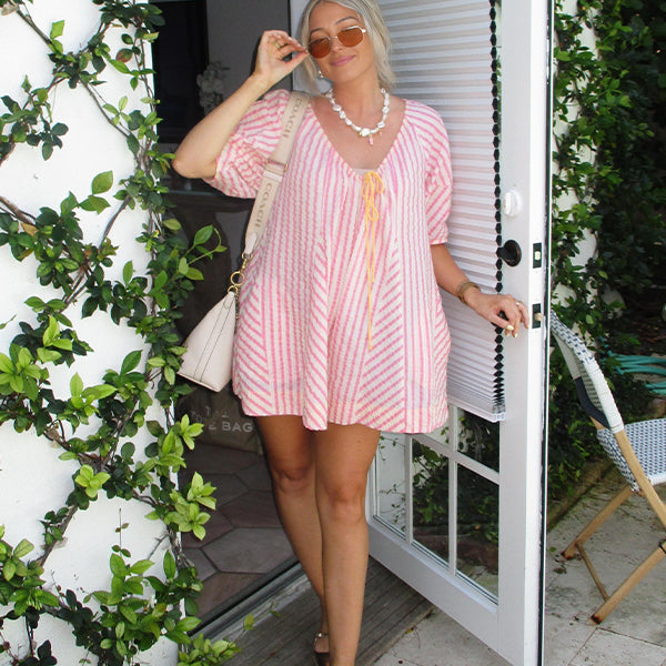 Pink Striped Smocked Bow Maternity Mini Dress
