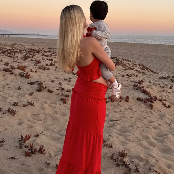 Momsmood Red lace up Halter Neck Otter Margin V Neck Two Piece Beach Vacation Baby Shower Maternity Photoshoot Suits