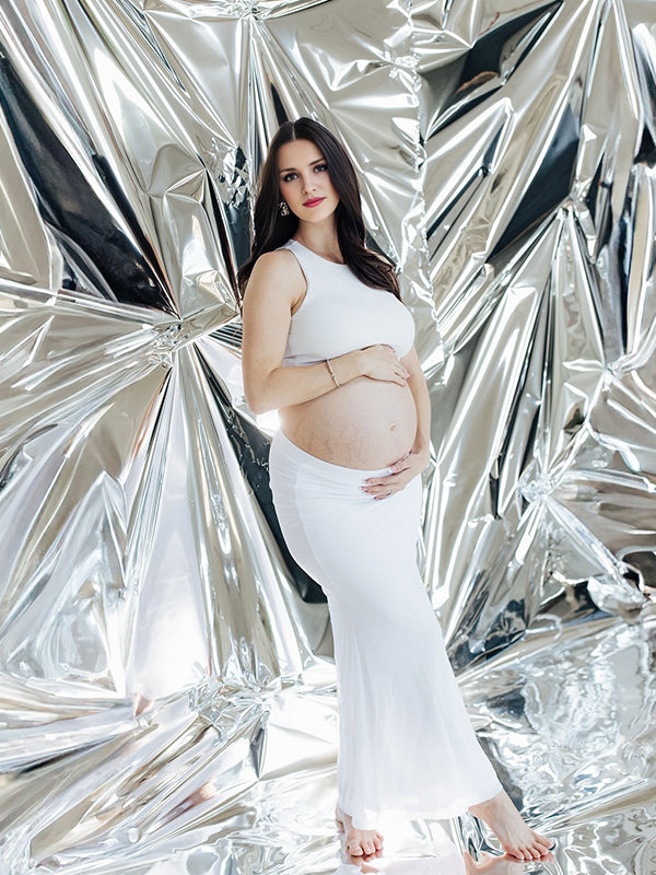 White Round Neck Two Piece Maternity Photoshoot Maxi Dress