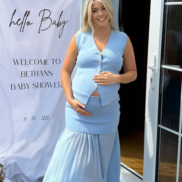 Blue Buttons Grenadine Two Piece Maternity Baby Shower Maxi Dress